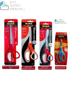 Toko alat tulis kantor dan sekolah jual gunting 3M type Scotch 1408 Household Scissor 8 inch, Scotch 1427 Multipurpose Scissor 7 inch, Scotch 1428 Multipurpose Scissor 8 inch, Scotch 1442B KID Blund Scissor 5 inch
